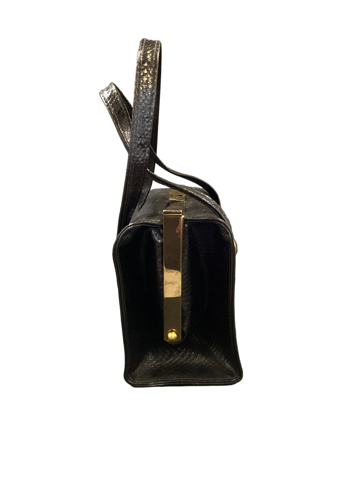 Vintage 1940s-1950s Black Leather Reptile Skin Purse Gold Hardware