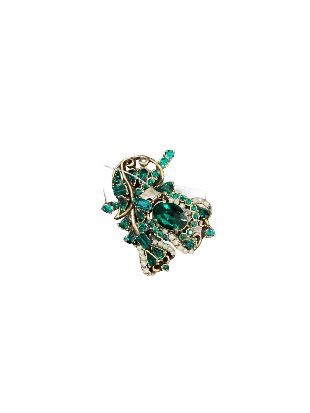 Vintage Mark Hollycraft Emerald Green Rhinestone Faux Pearls Chunky Bracelet Brooch Gold Tone Made in 1953