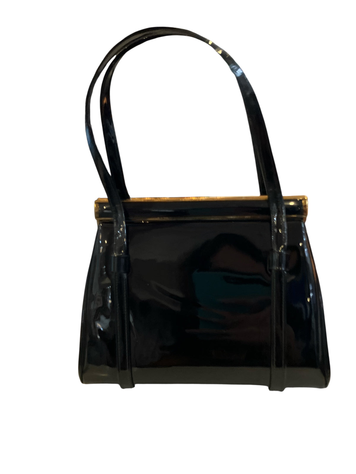 Vintage 1940s L&M A Spot-Lite Reg Exclusive Black High Gloss Gold Hardware Bag With Satin Coin Purse Attached Inside