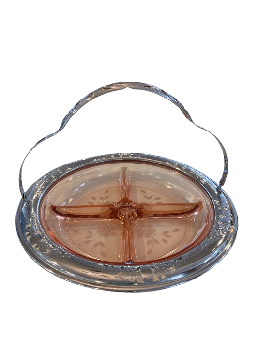 Vintage Pink Etched Glass Relish with Four Compartments