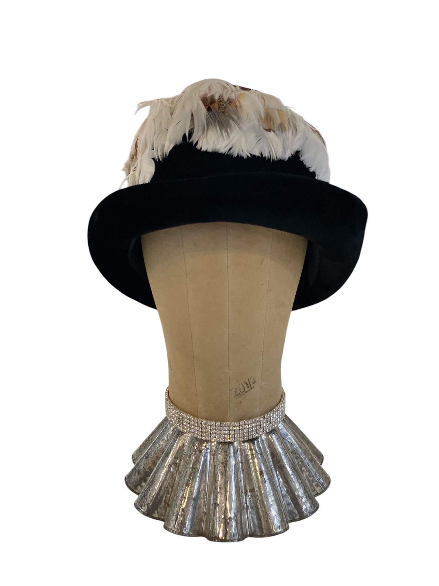 Vintage Union Label Black Hat with White and Brown Feathers