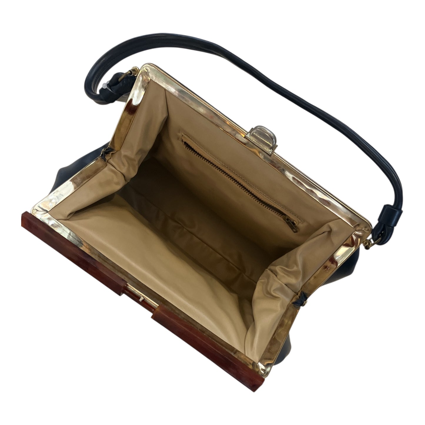 Vintage Navy Blue Bag with Brown Lucite Closure and Brass Hardware Excellent Condition