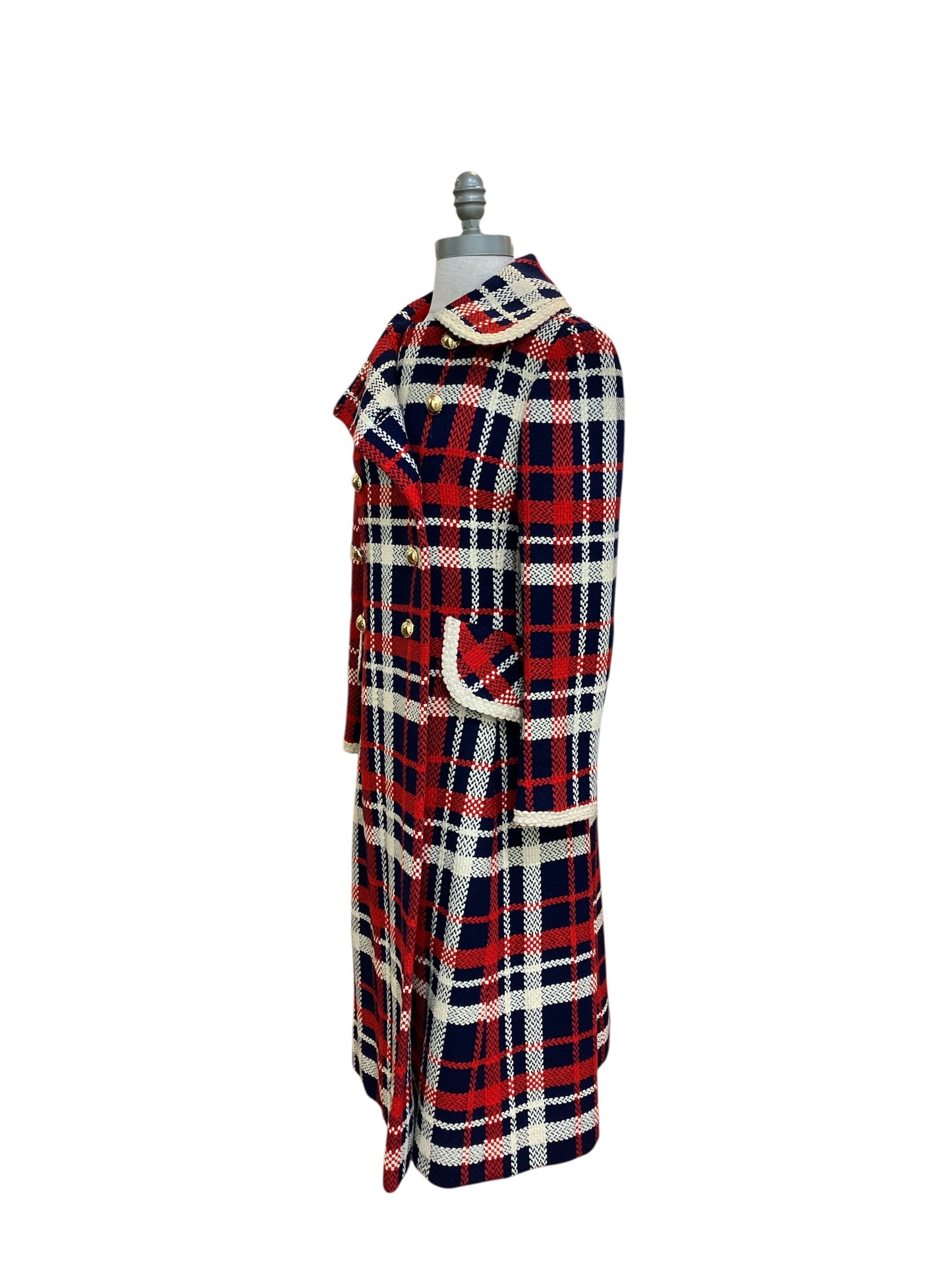 Vintage I. Magnin Couture 1971 Union Made Red White and Blue Plaid Wool Double Breasted Coat Gold Buttons
