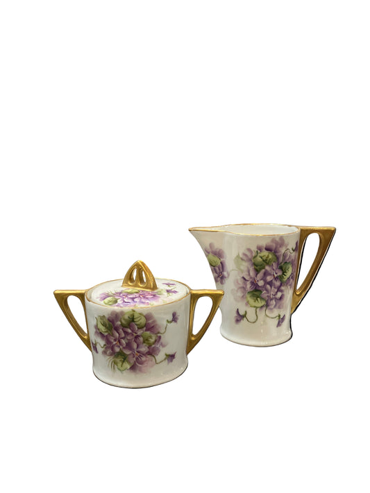 Vintage Bavarian Hand Painted Purple Floral Cream and Sugar Set