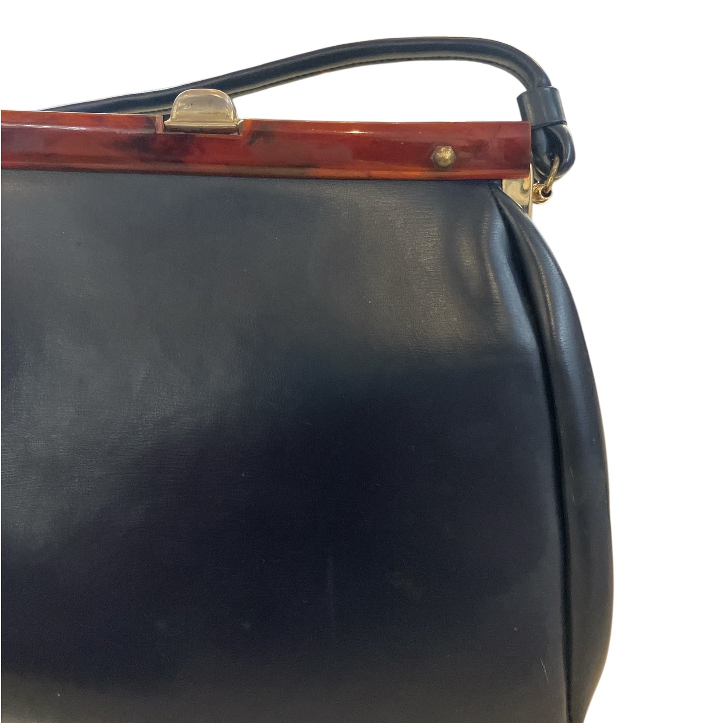 Vintage Navy Blue Bag with Brown Lucite Closure and Brass Hardware Excellent Condition