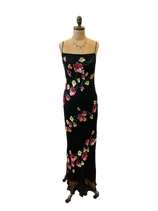 Vintage 1990s Marina Black Silk Spaghetti Strap Bias Cut Pink Floral Beaded Evening Dress