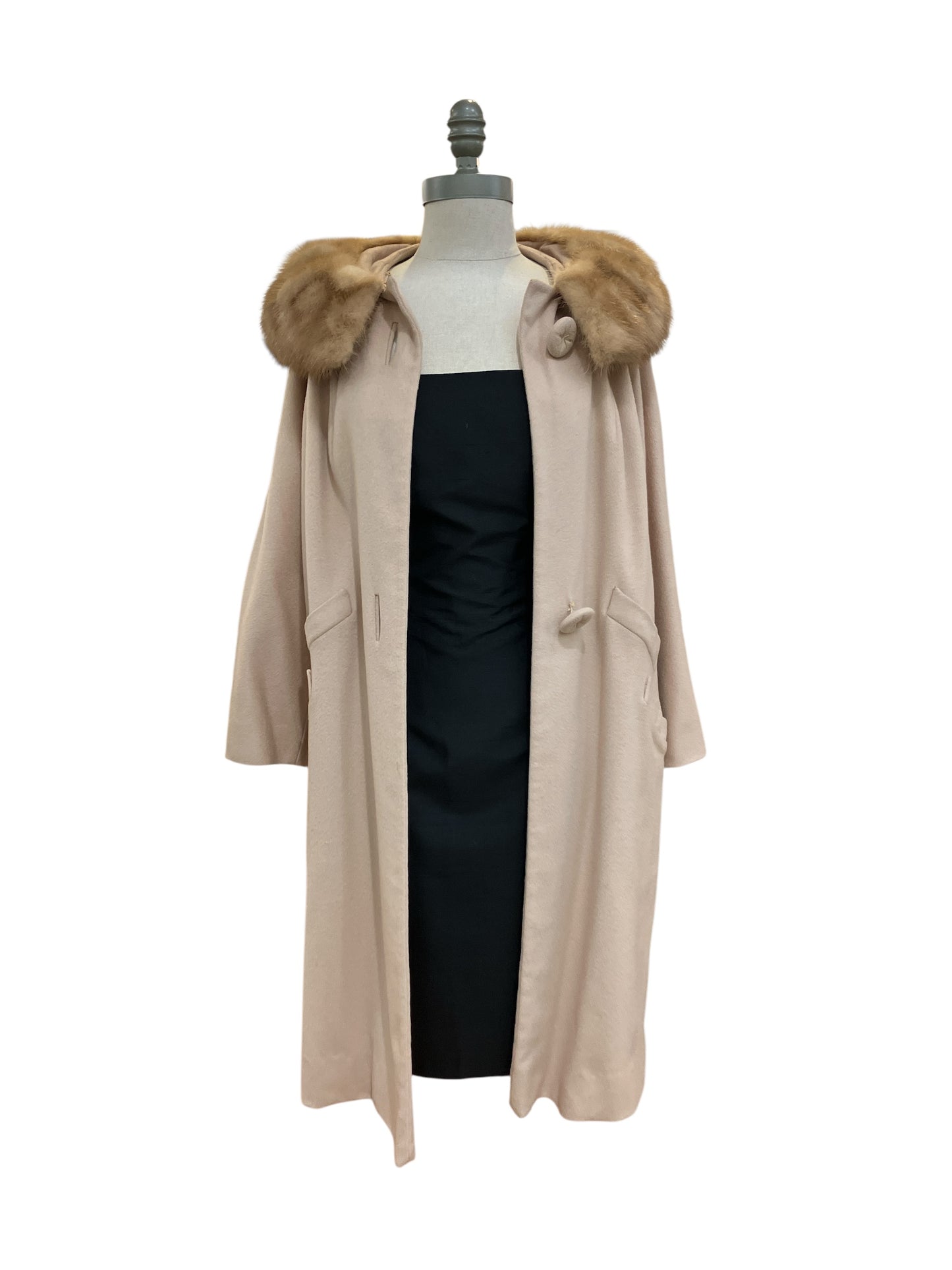 Vintage 1960s Buffums of California by The Pearsalls Beige Wool or Cashmere Coat with Removable Mink Collar Double Pocket Illusion Detail