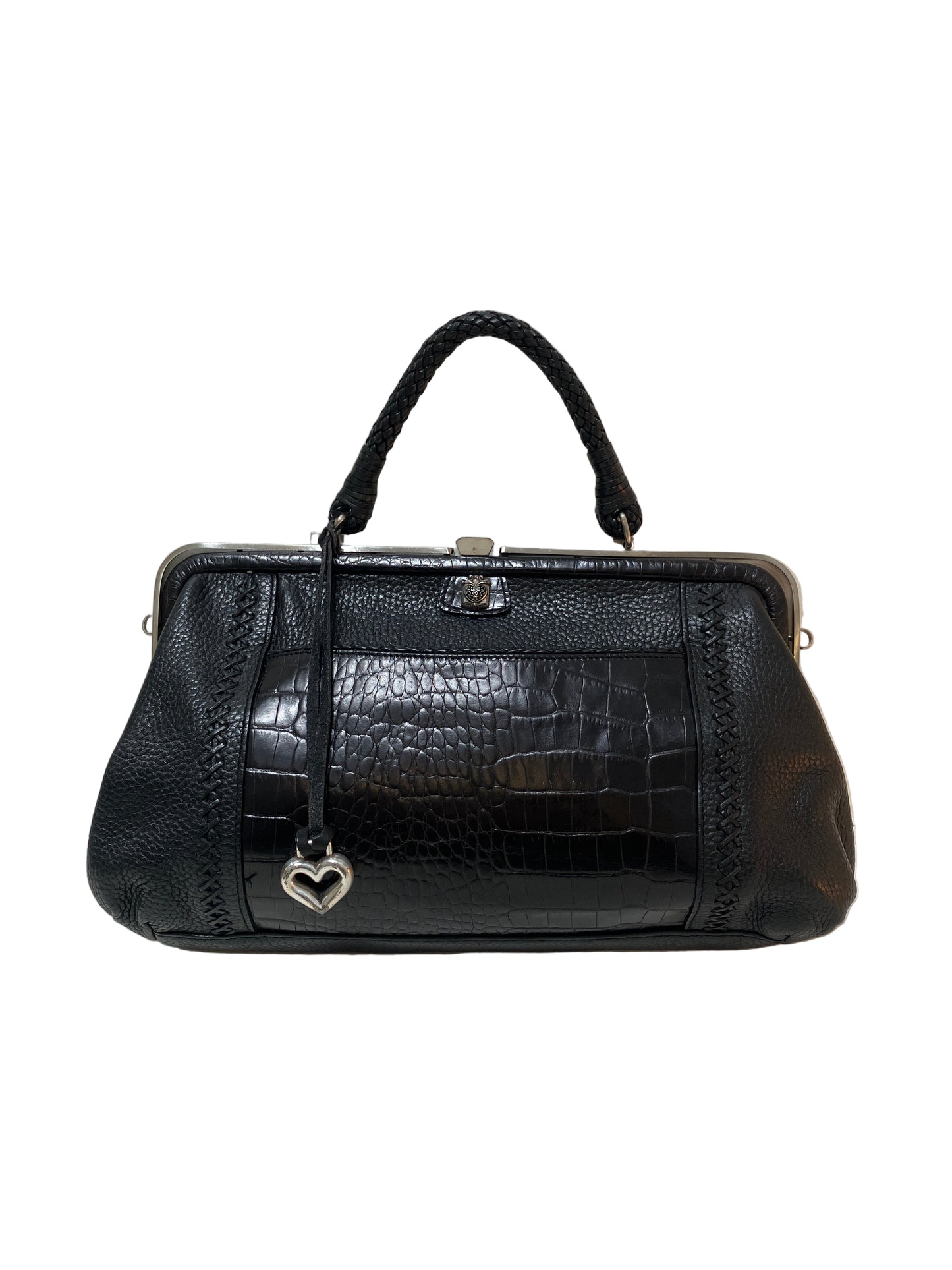 Vintage Brighton Black Croc Embossed Leather Convertible Cross Body Kiss Lock Purse