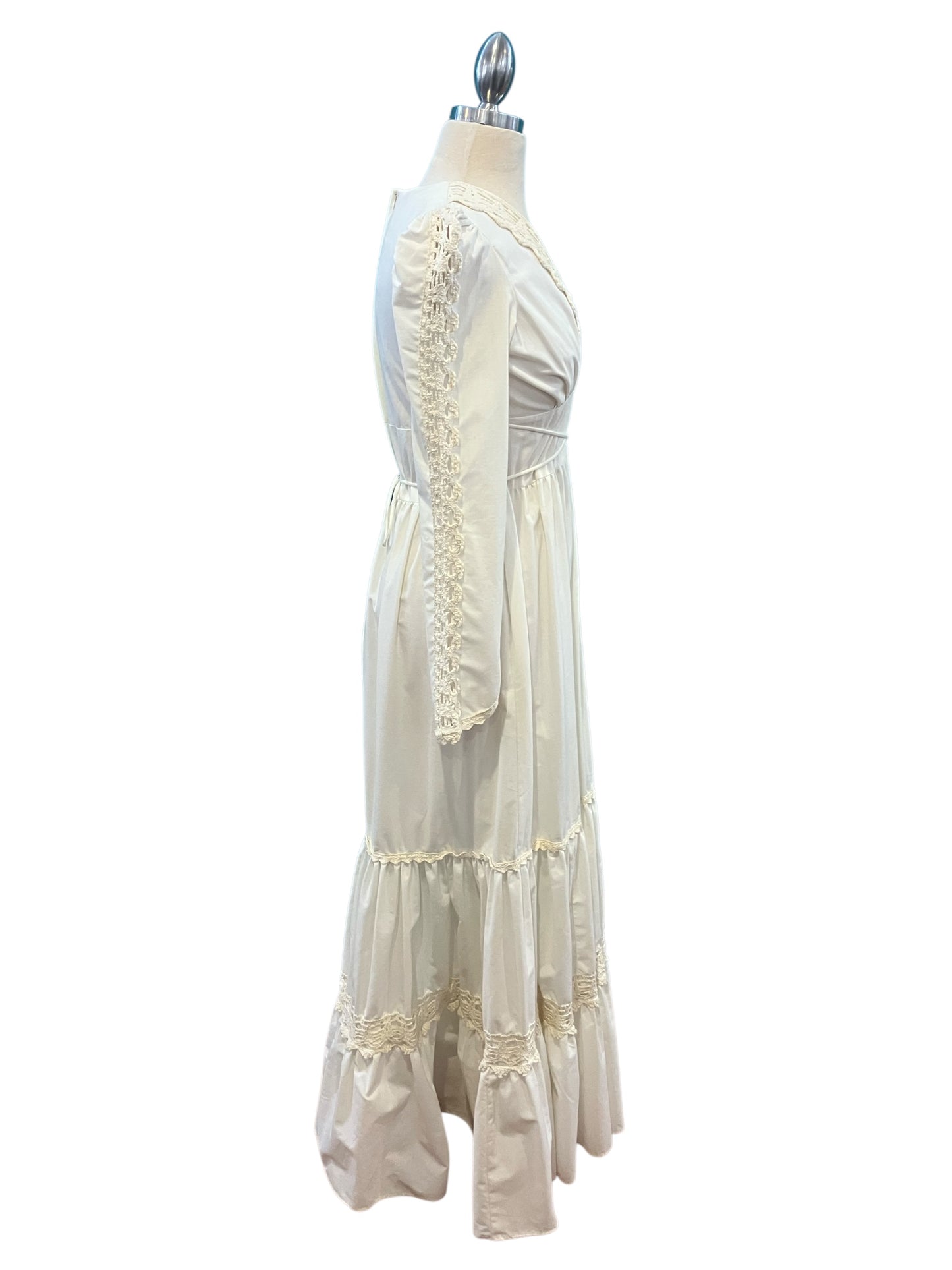 Vintage Gunne Sax White Cotton Boho Maxi Dress with Criss Cross Waist Tie and Crochet Lace