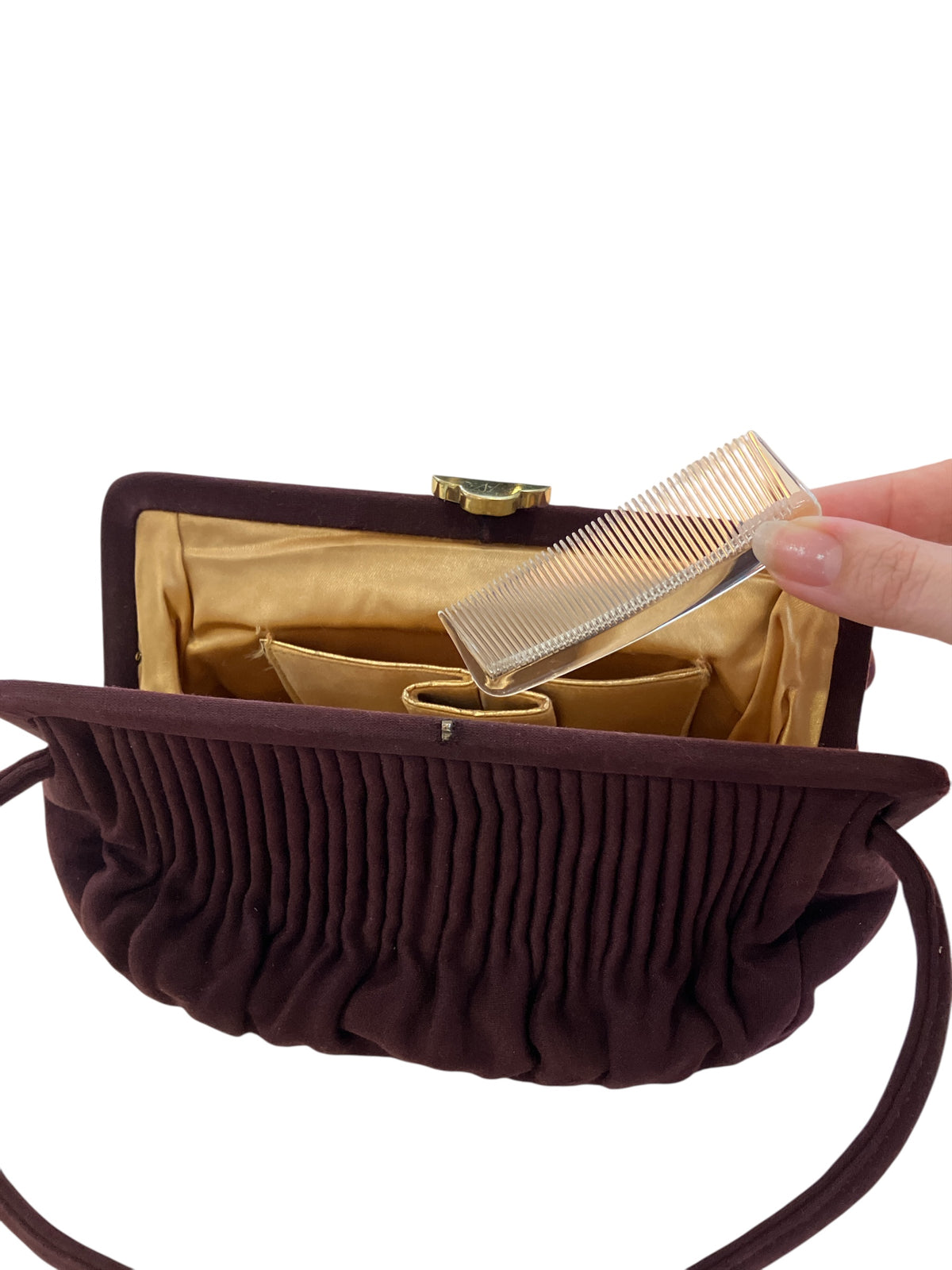 Vintage 1940s-1950s Small Burgundy Pleated Cloth Purse Gold With Comb Slot Gold Satin Lining