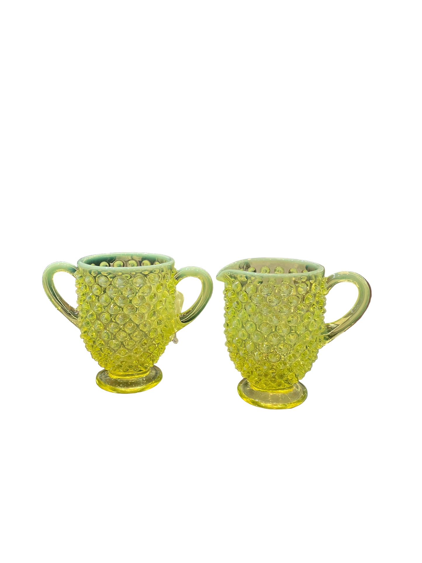 Vintage Uranium Glass Hobnail Cream and Sugar