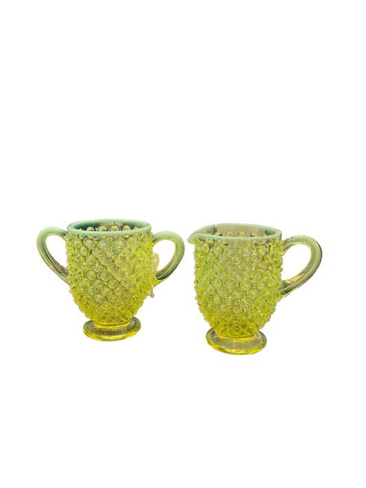 Vintage Uranium Glass Hobnail Cream and Sugar