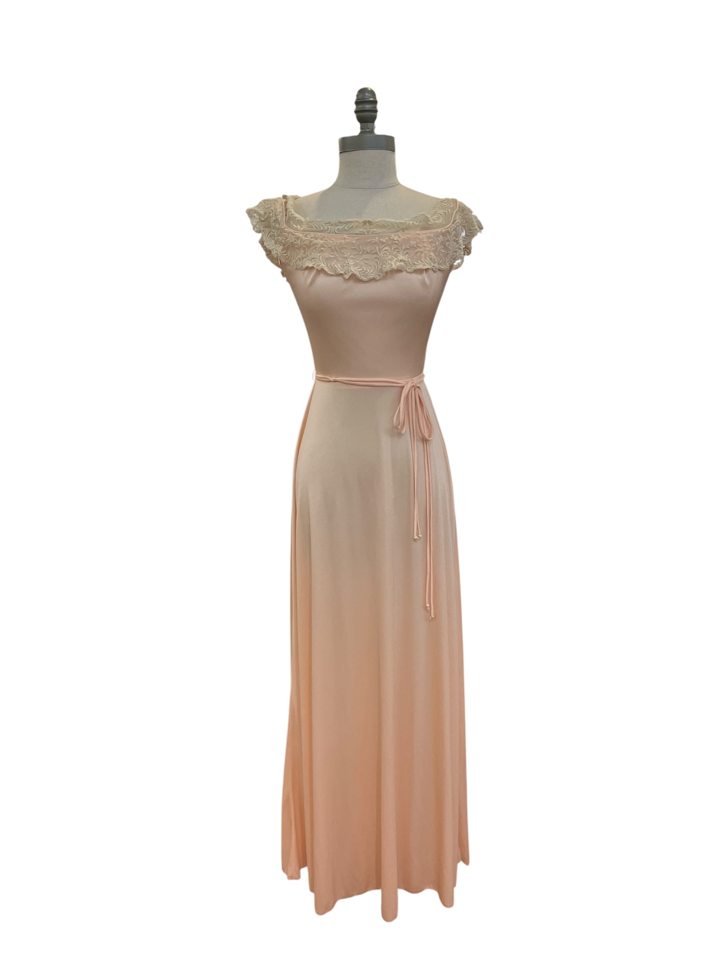 Vintage 1970s Blush Peach Maxi Dress Ivory Lace Tie Waist A Line Dress