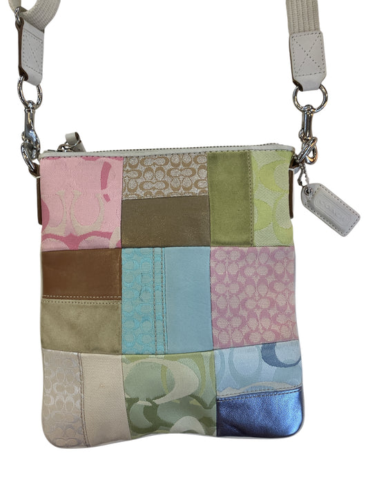 Vintage Y2K Coach Early 2000s Pastel Signature Canvas Patchwork Style Adjustable Crossbody White Leather Trim