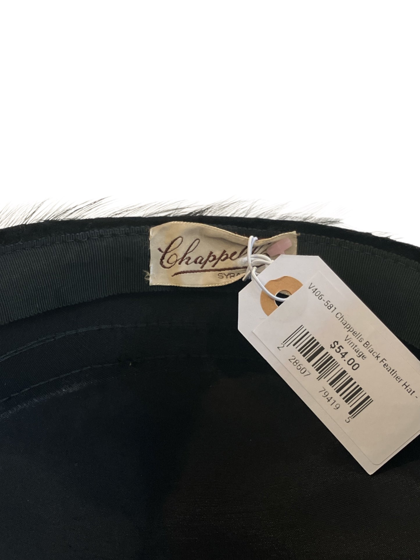 Vintage Chappells of Syracuse Black Feather Hat with Velvet