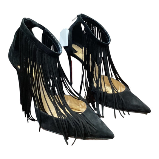 Vintage Christian Louboutin Paris Black Suede Fringe High Heels Made in Italy Size 36 With Protective Flannel Shoe Bags and Replacement Heel Tips