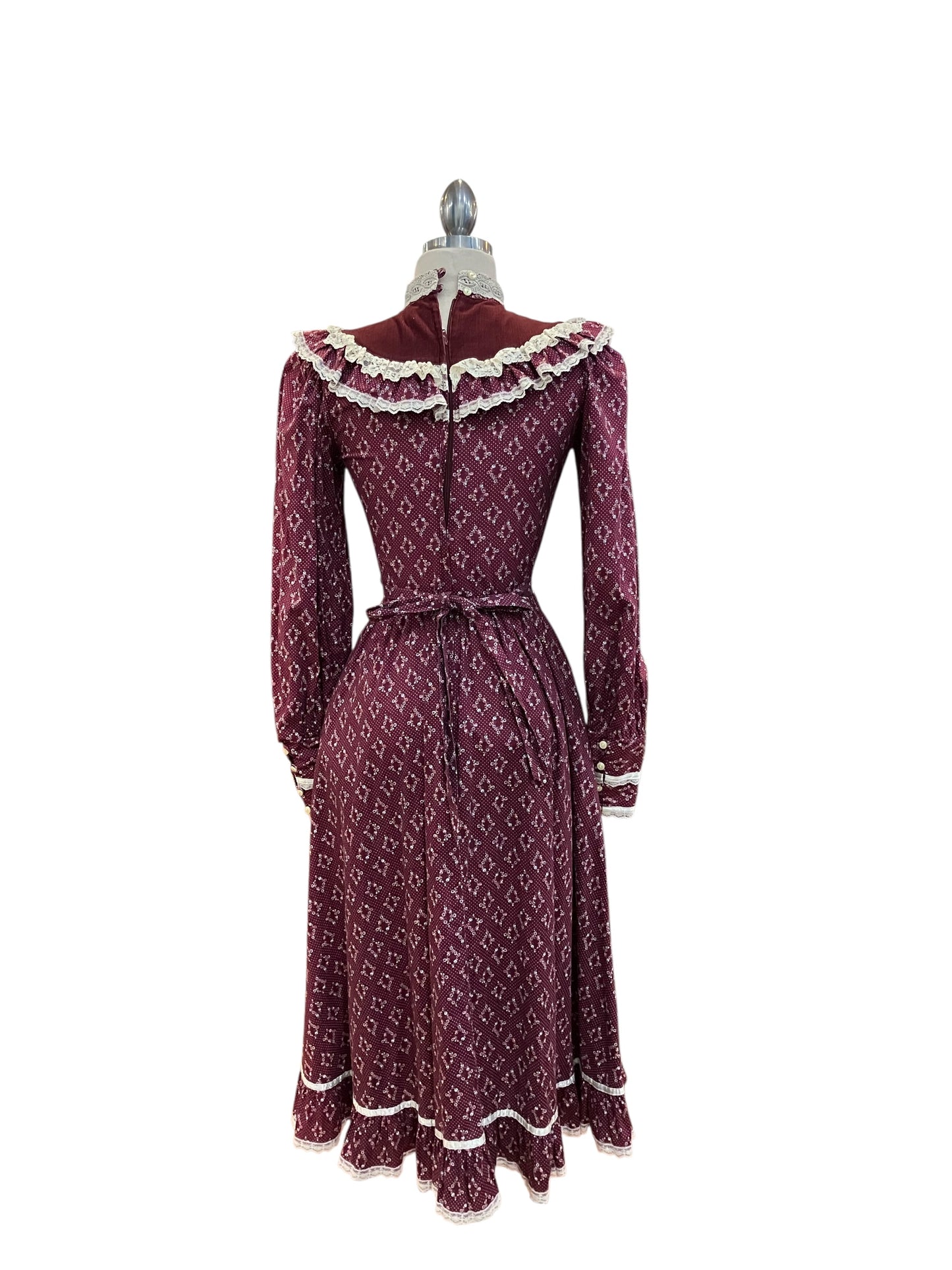 Vintage Gunne Sax Maroon Calico Midi Dress with Corduroy and Lace