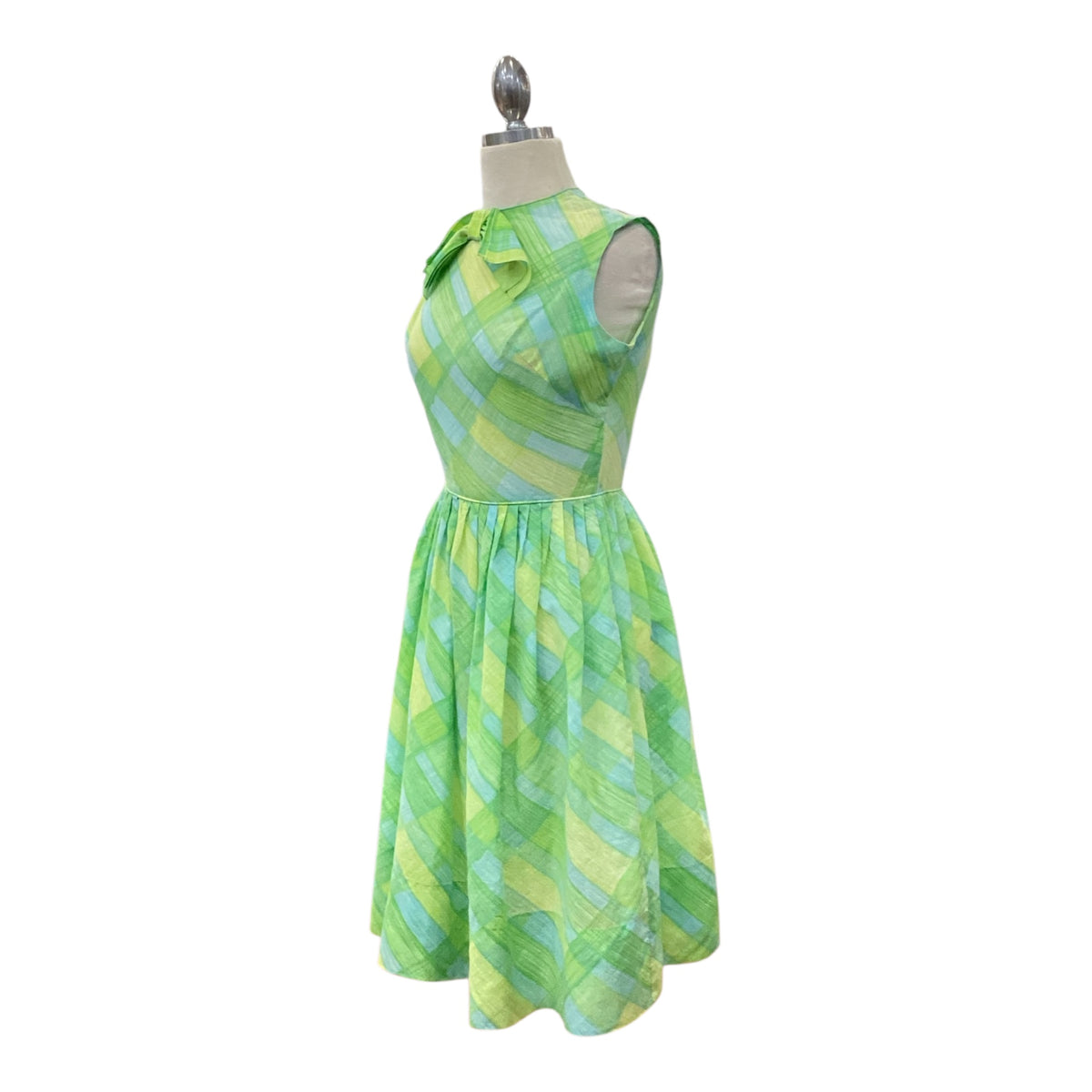 Vintage Early 1960s Gay Gibson Lime Green and Blue Abstract Gingham Shirtdress with Bow Nylon Zipper