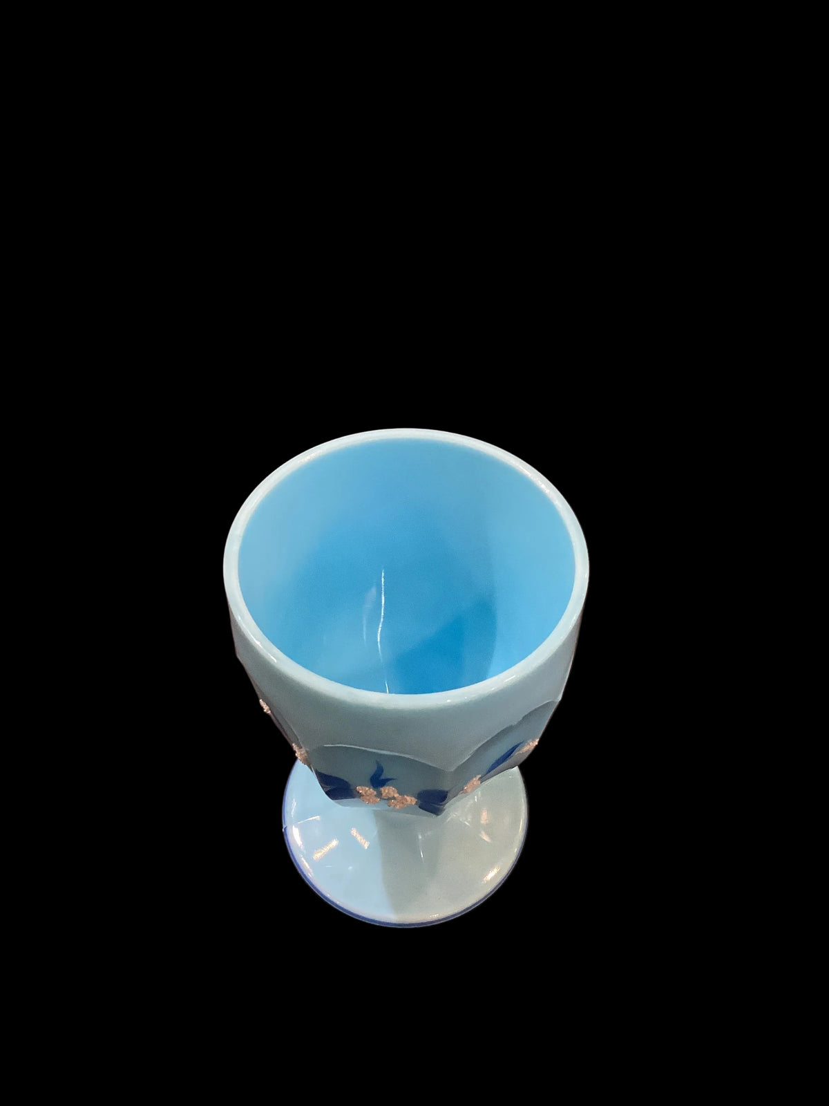 Rare Vintage Blue Milk Glass Hand Painted Footed Covered Container with Lid