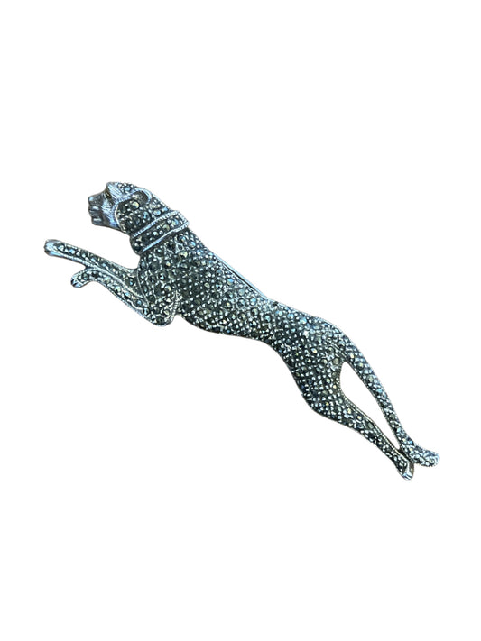 Vintage Running Cheetah Marcasite Sterling Silver Brooch