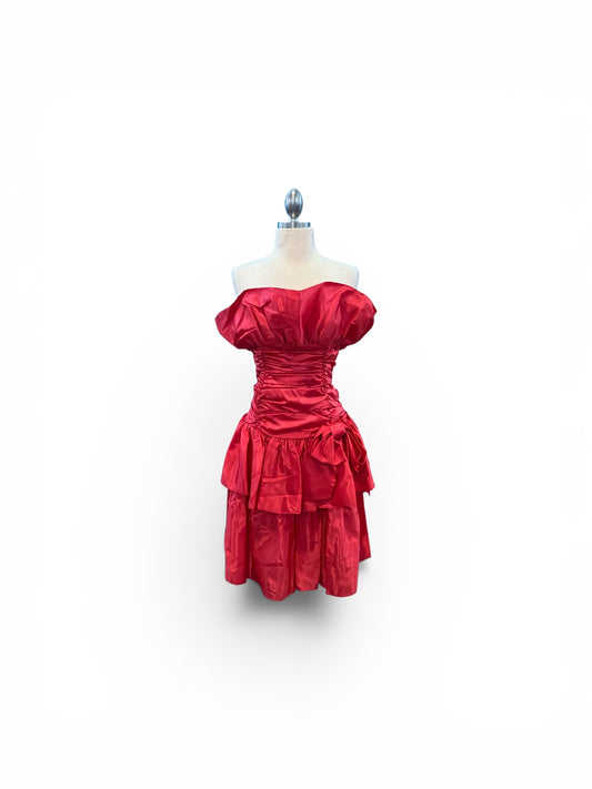 Vintage 1980s “TAMARAS” Red Strapless Smocked Waist Ruffle Dress