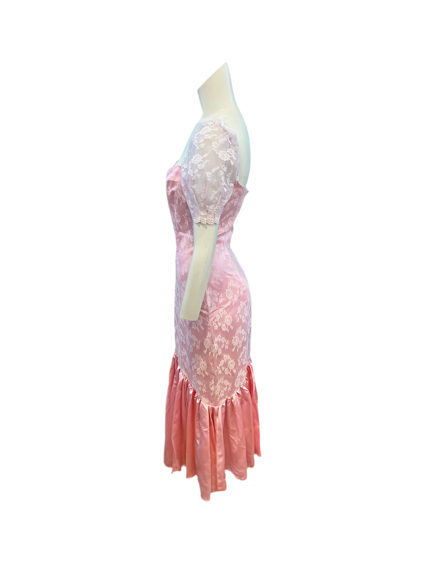 Vintage Handmade 1980s Pink Satin & Lace Dress