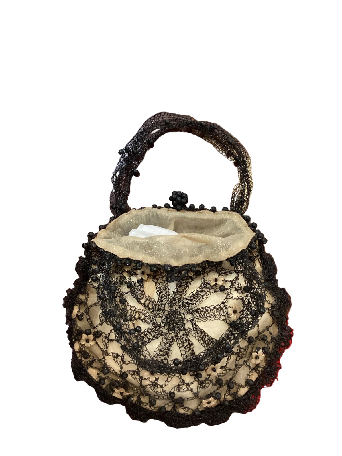 Vintage Lisa Toland Metal Wire Lace Shimmer Organza Lined Small Purse Floral Beading Black/Nude