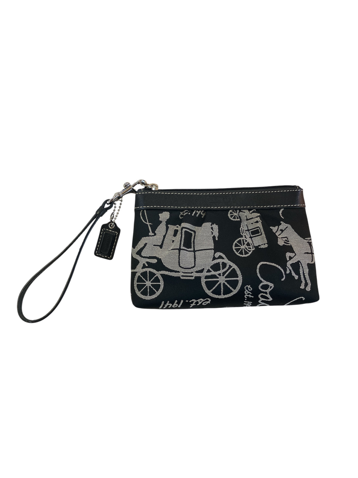 Vintage COACH Mini Wristlet Black Canvas Horse and Carriage Pattern Leather Trim Lavender Lining