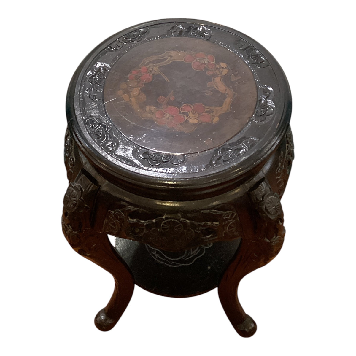 Antique Asian Hand Carved Painted Small Narrow End Table