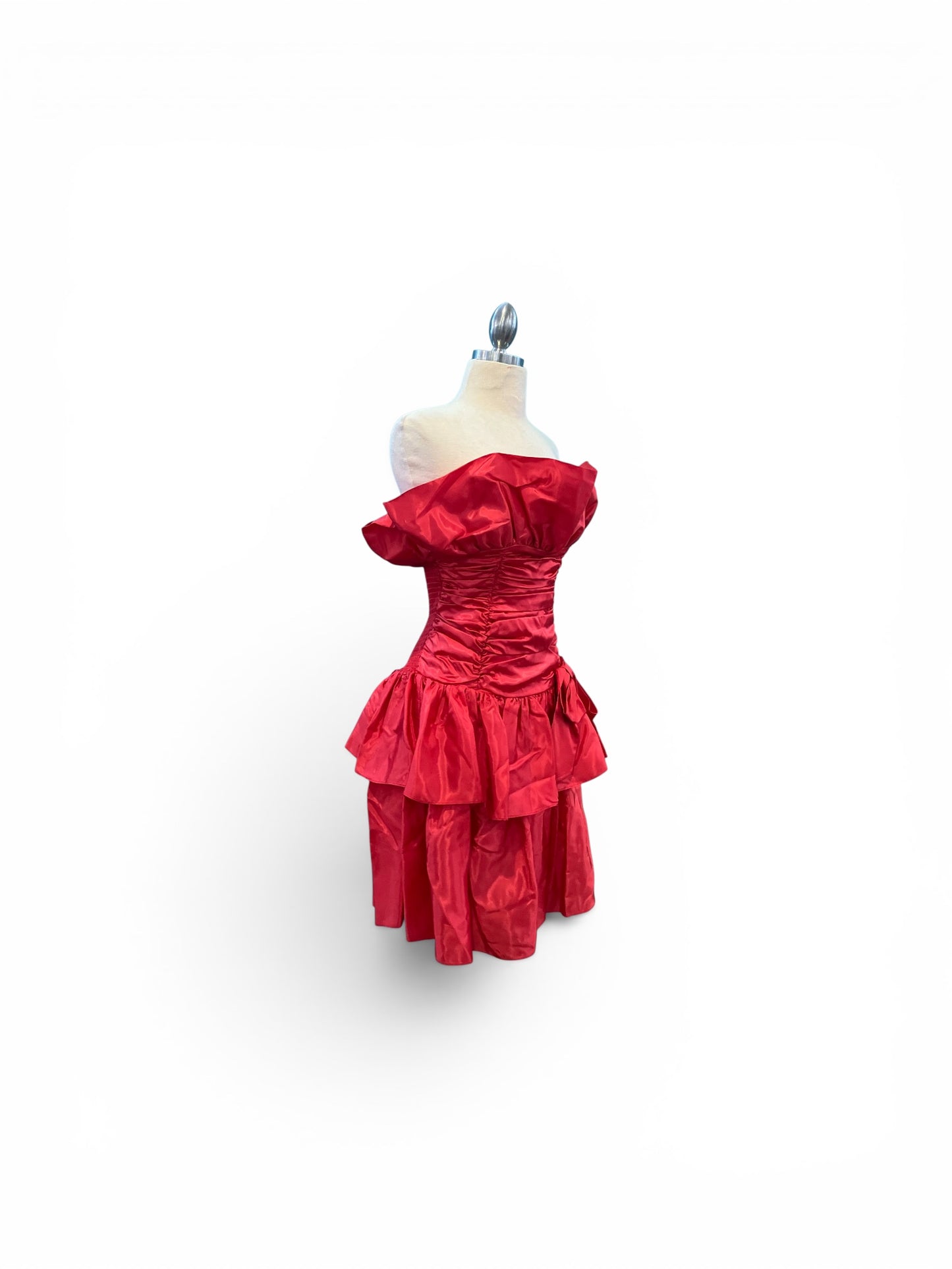 Vintage 1980s “TAMARAS” Red Strapless Smocked Waist Ruffle Dress