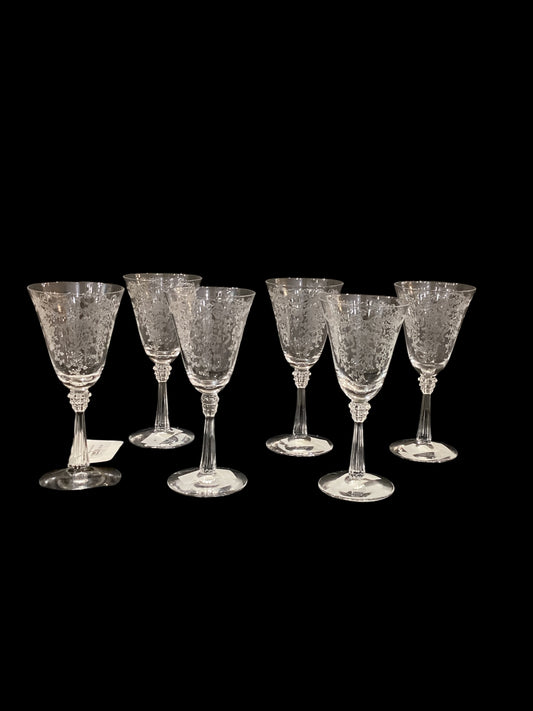 Vintage Etched “Romance” Delicate Floral Bow Ribbon Pattern Set of 6 Clear Cordial Glasses Sold Together (6pc)