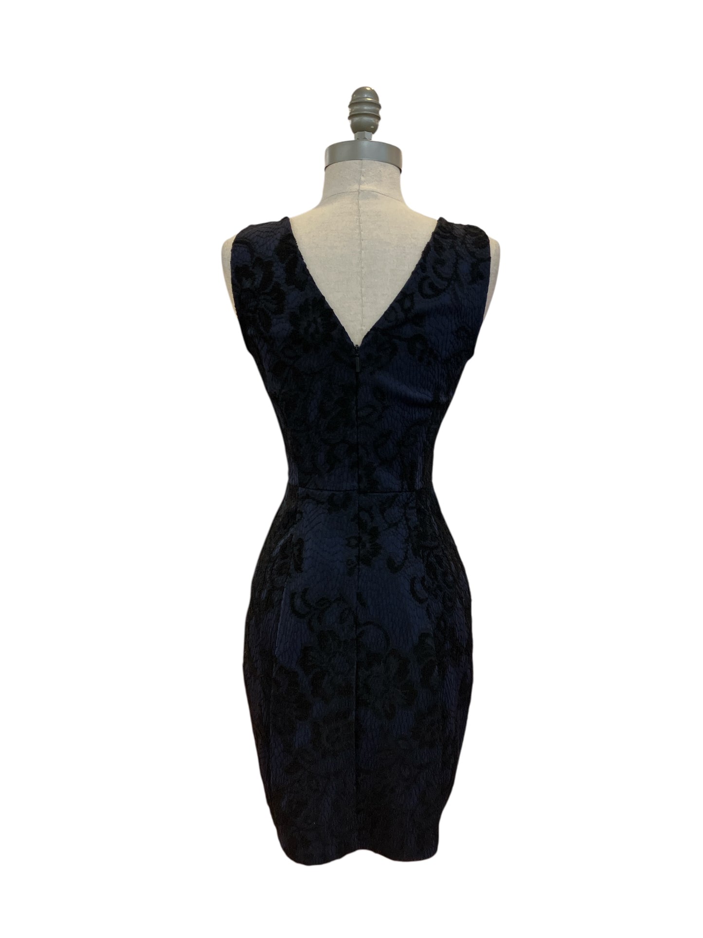 Designer Armani Exchange Navy Blue Black Lace Cocktail Dress Plunging V Neck Fitted Tailored Pleats With Pockets