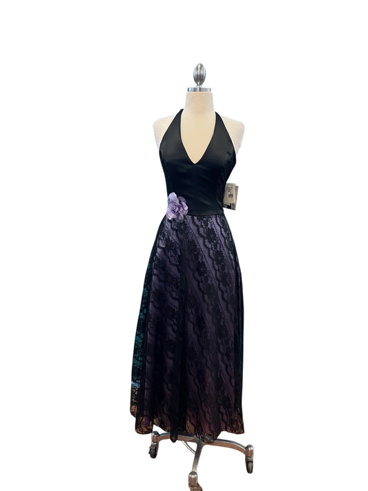 Vintage New With Tags Jessica McClintock Purple and Black Lace Tea Length V-Neck Halter Dress