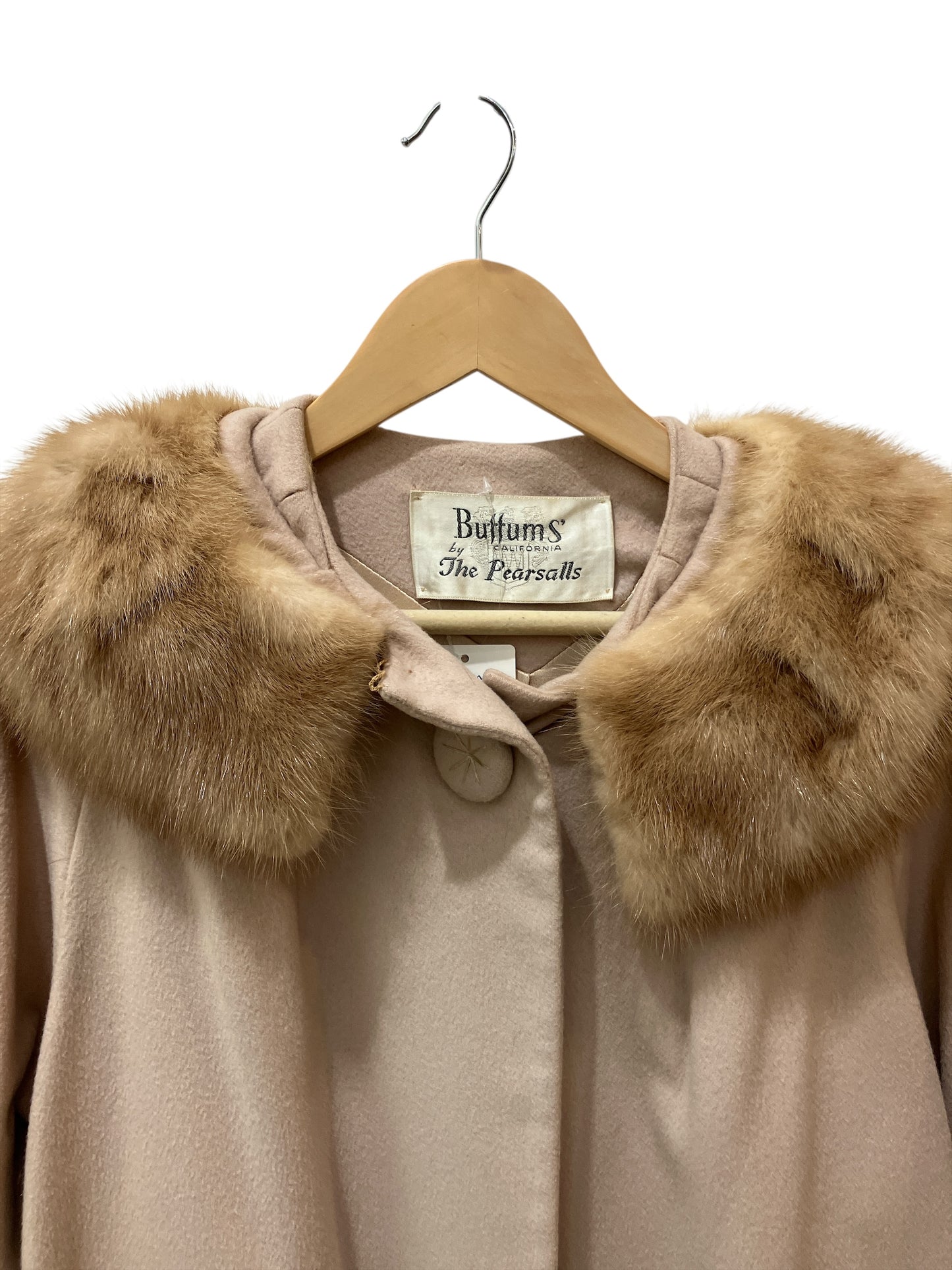 Vintage 1960s Buffums of California by The Pearsalls Beige Wool or Cashmere Coat with Removable Mink Collar Double Pocket Illusion Detail