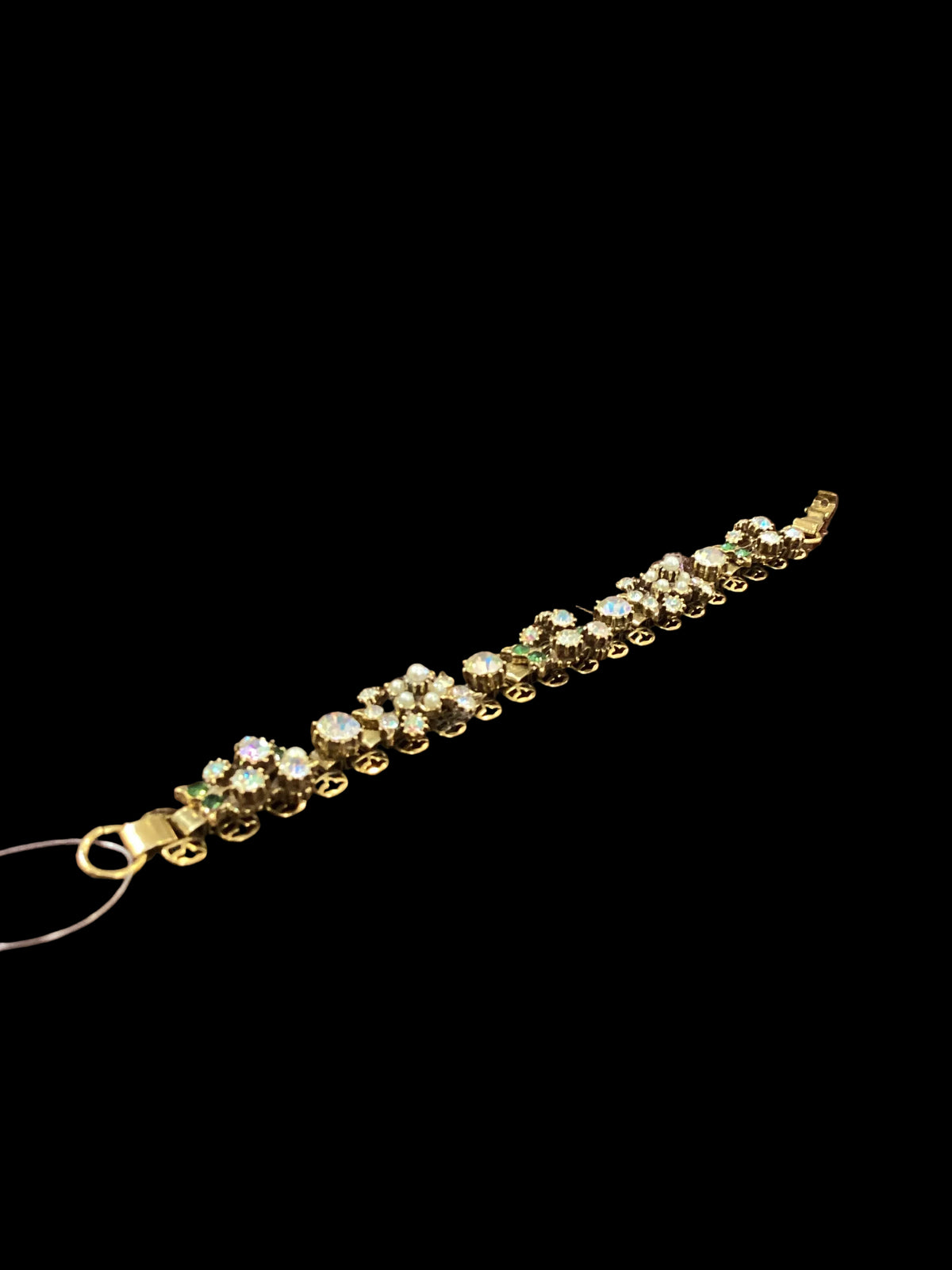 Vintage Mark Florenza Iridescent Rhinestone Bracelet With Emerald Green and Pearl Accents Possibly Gold Plated