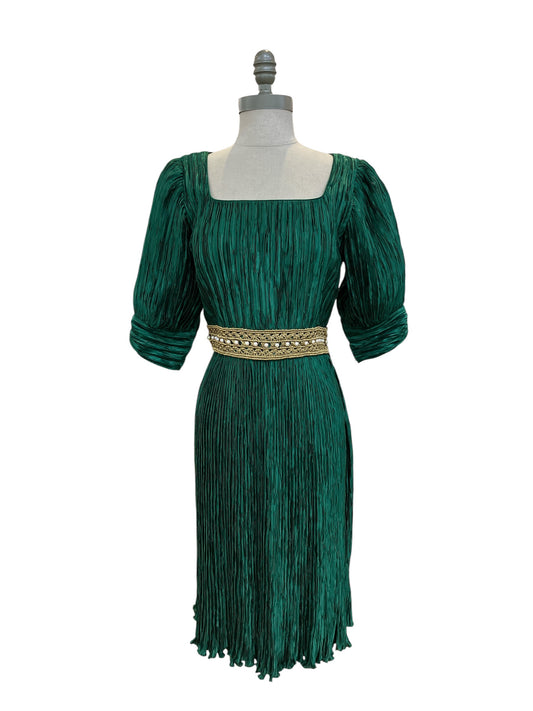 Vintage Designer Mary McFadden Couture 1980s Puffed Sleeves Dark Green Crimped Silk Cocktail Dress with Gold Belt Detail Princess Diana Style