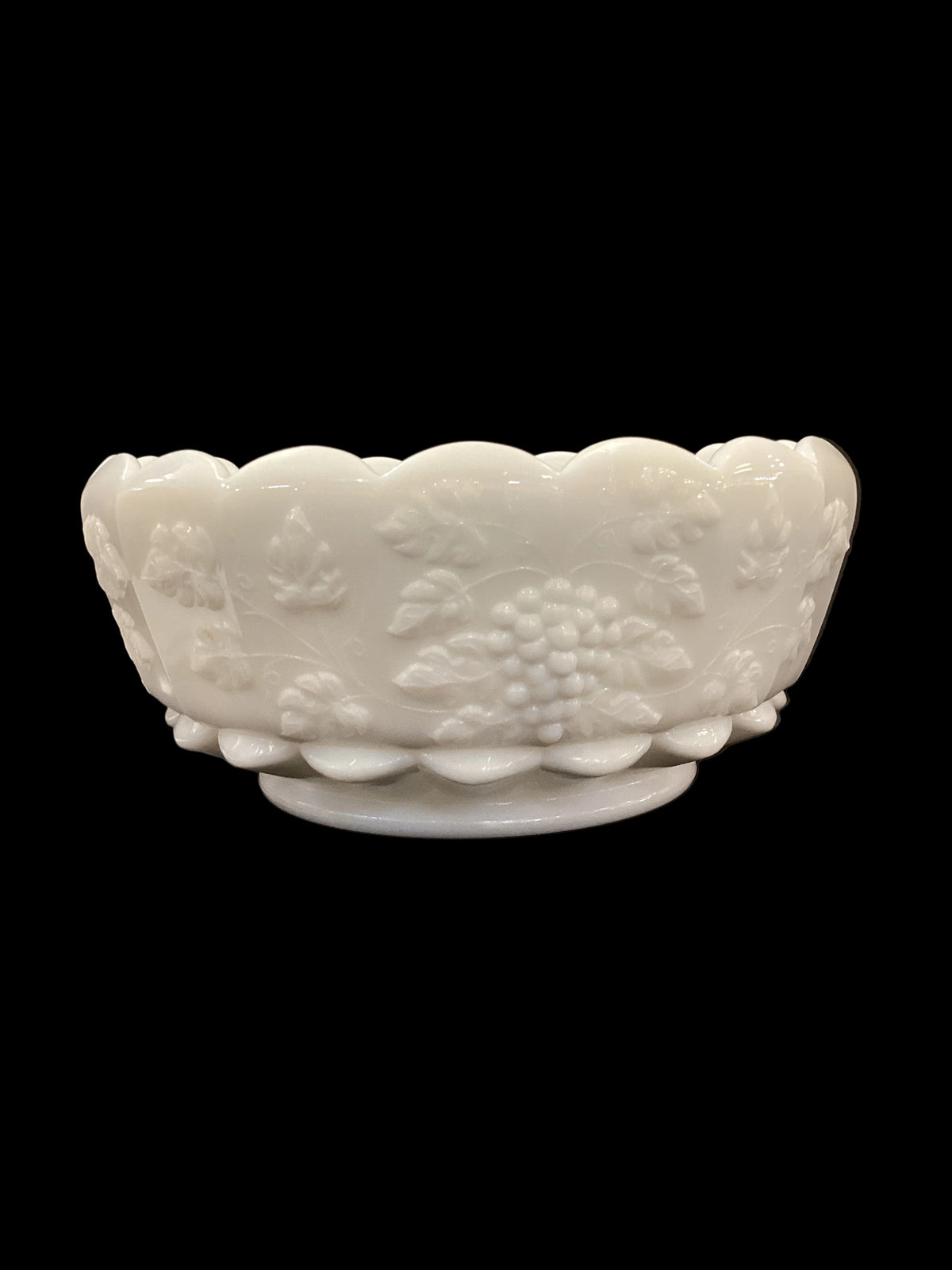 Vintage White Milk Glass Large Grape Patterned Bowl With Scalloped Edge (1pc)