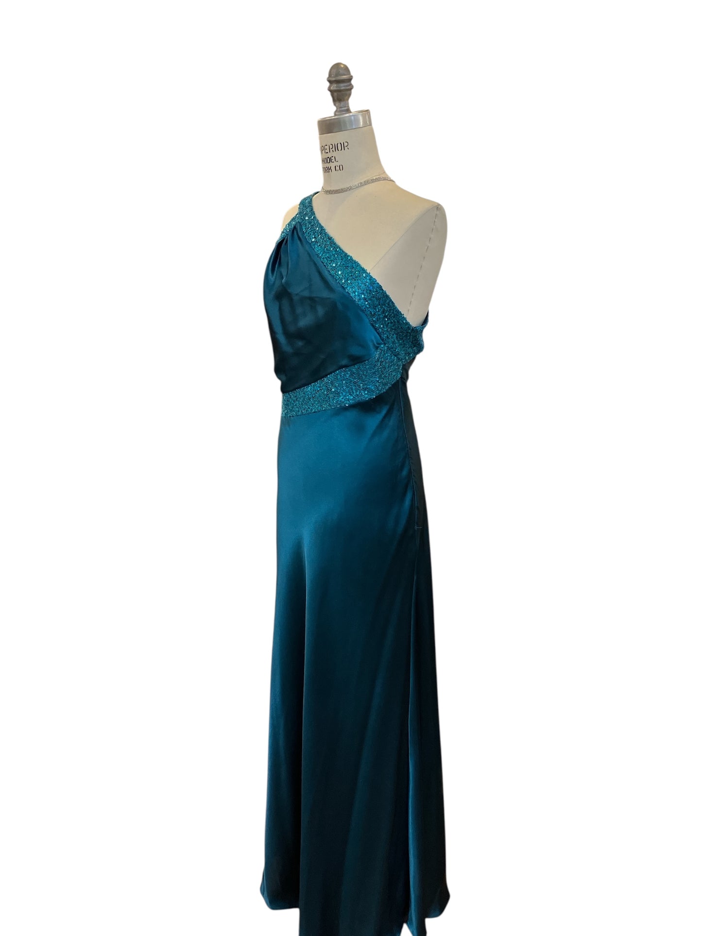 Vintage New With Tags Jessica McClintock Blue Asymmetrical Gown with Sequins Open Back One Shoulder