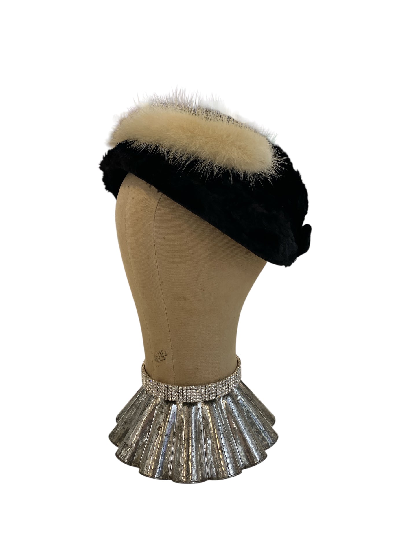 Vintage Fur Hat Black Ivory Tail Black Velvet Bow