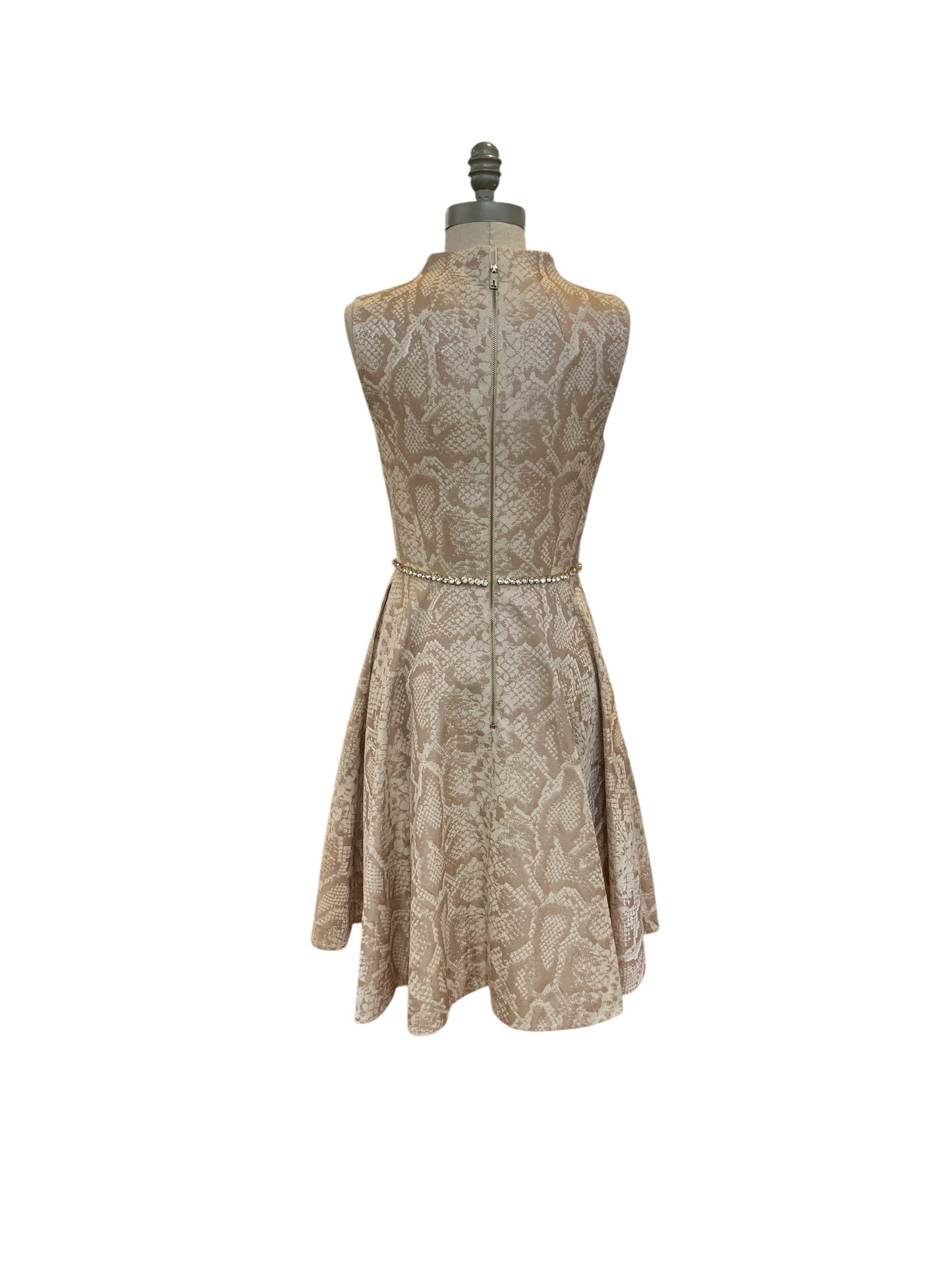 Designer Ted Baker London Beige Rose Gold Snake Print Cocktail Dress Zip Up Rhinestone Belt Detail