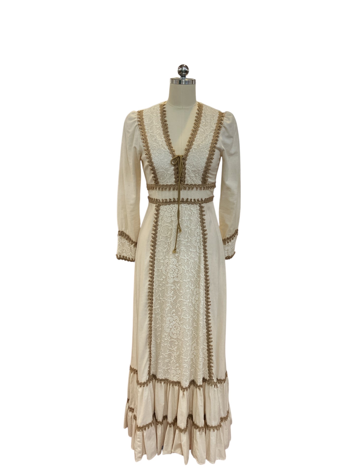 Vintage Gunne Sax by Jessica Gold Label Muslin Renaissance Style Dress with Jute Trim Natural Unbleached Cotton Boho Wedding Dress Size 11