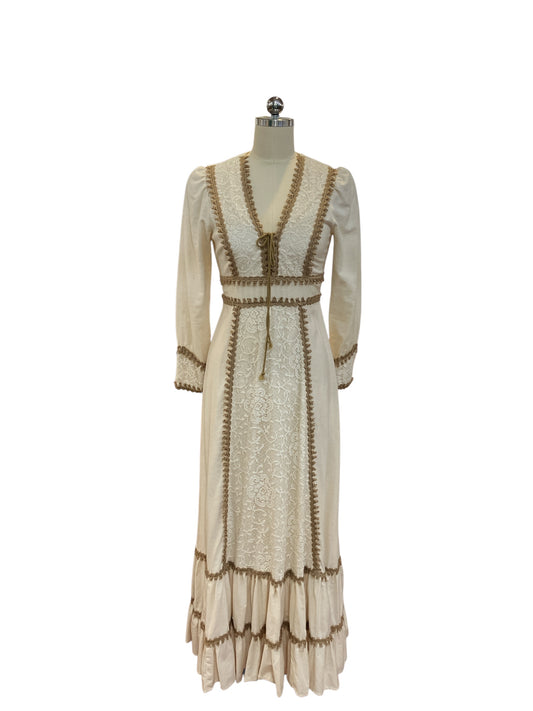 Vintage Gunne Sax by Jessica Gold Label Muslin Renaissance Style Dress with Jute Trim Natural Unbleached Cotton Boho Wedding Dress Size 11