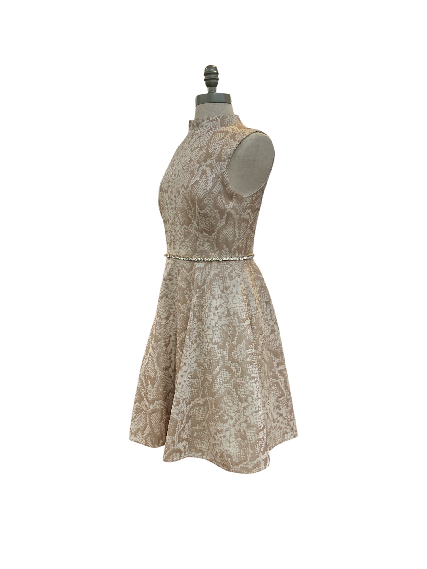 Designer Ted Baker London Beige Rose Gold Snake Print Cocktail Dress Zip Up Rhinestone Belt Detail