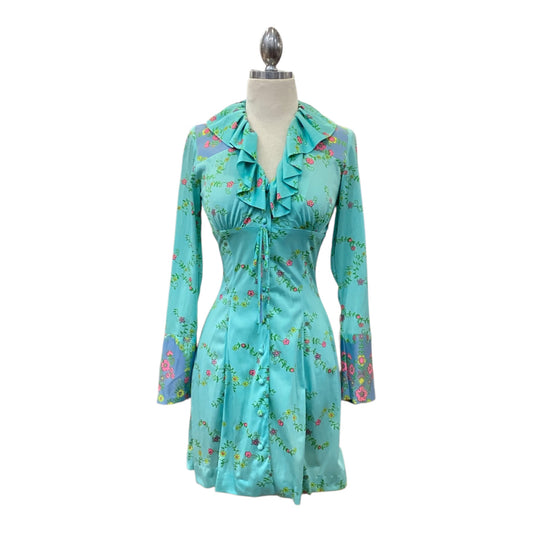 Vintage 1960s Mini Dress Sunday’s Child Label Ditsy Floral Print Ruffle Collar Turquoise Periwinkle