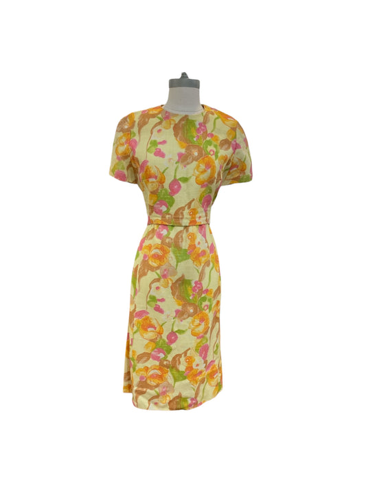 Vintage 1960s Handmade Linen Floral Multicolor Dress with Button Belt at Back