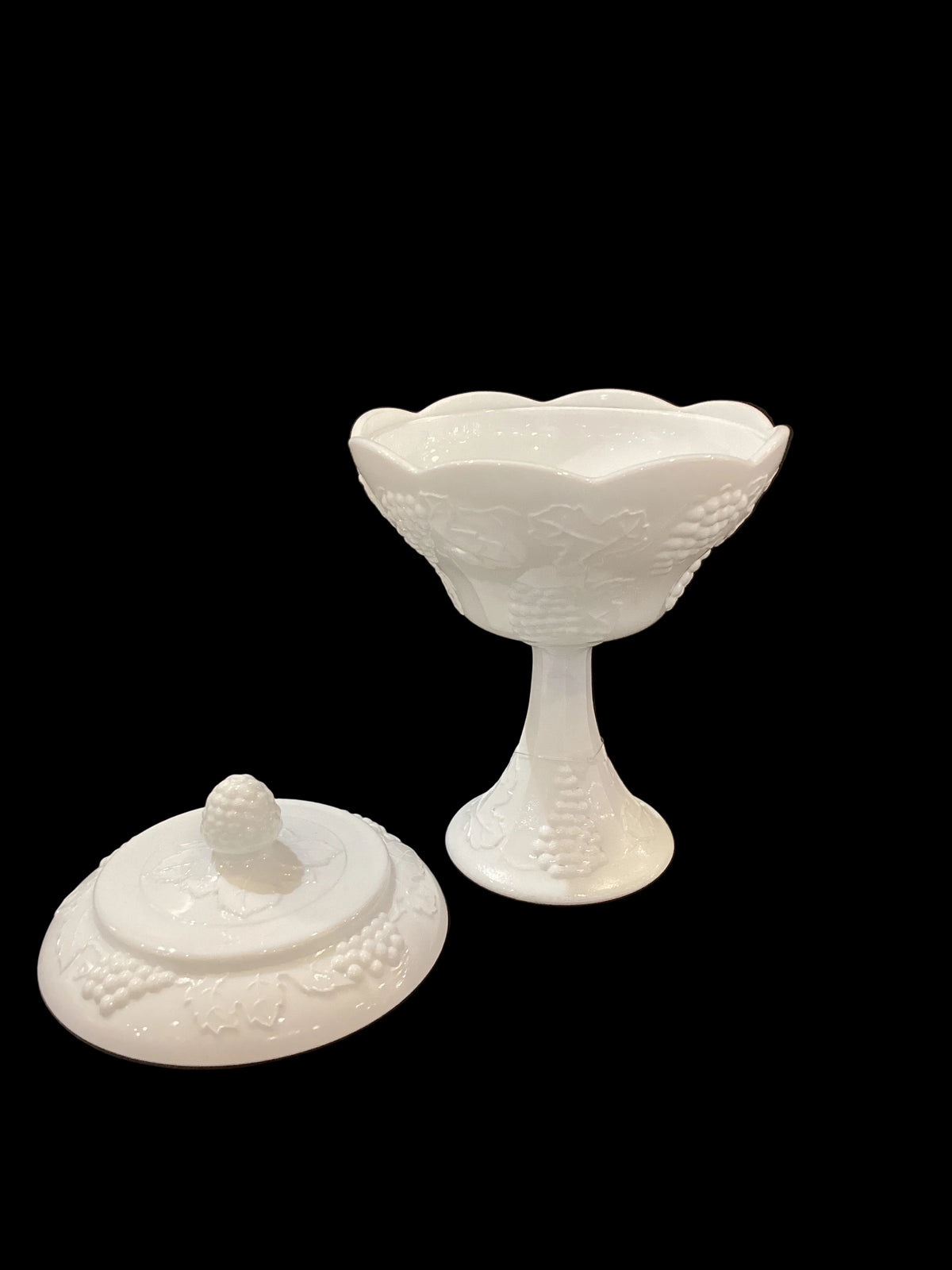 Vintage White Milk Glass Tall Footed Candy Dish Grape Pattern with Lid (1pc, Lid & Base)