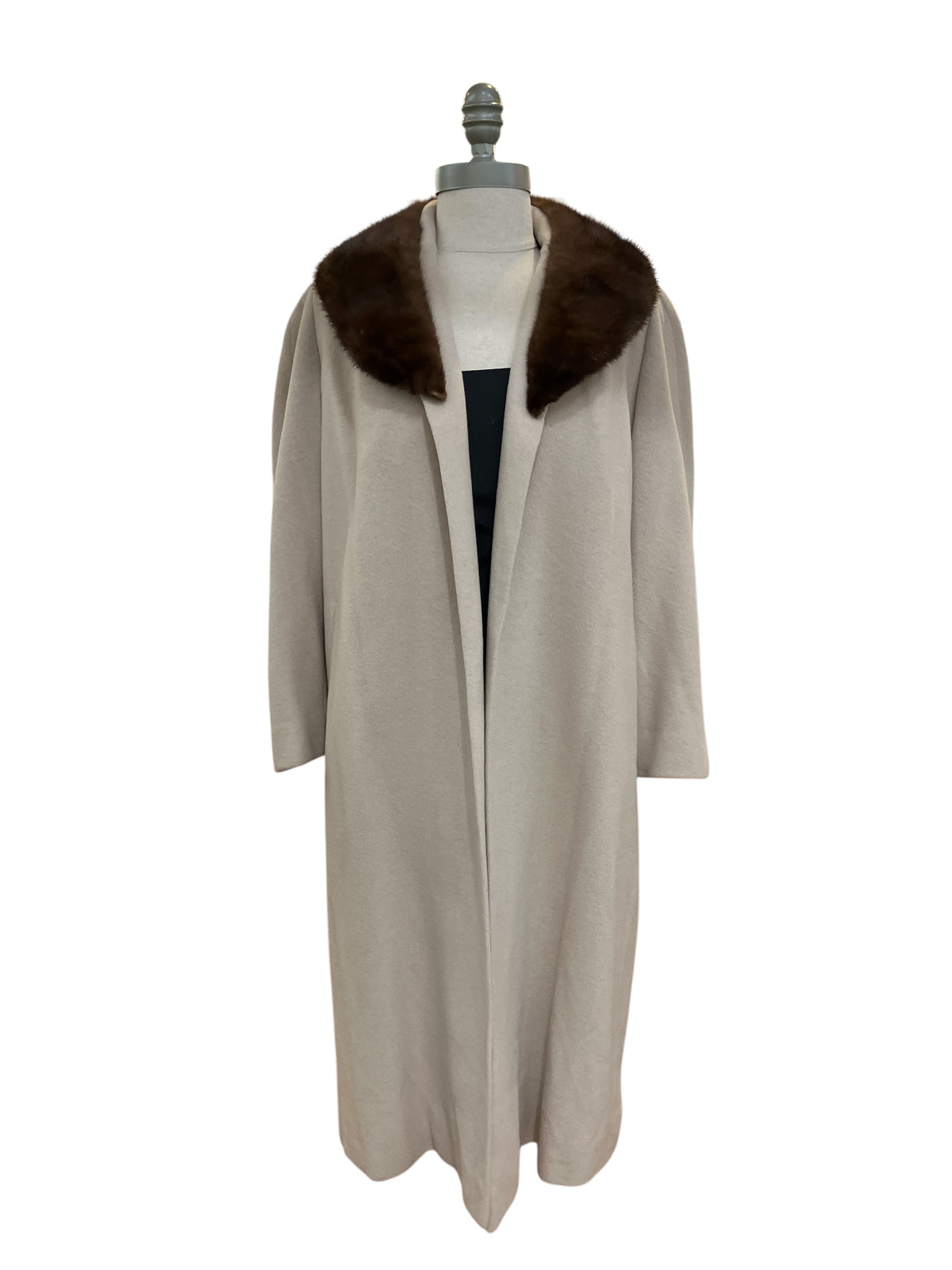 Vintage 1960s Union Made Light Beige Open Front Cashmere Coat with Dark Brown Mink Collar
