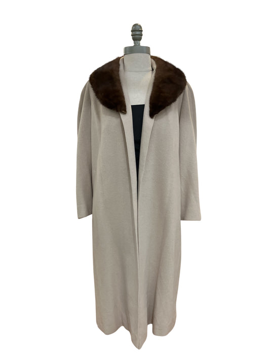 Vintage 1960s Union Made Light Beige Open Front Cashmere Coat with Dark Brown Mink Collar