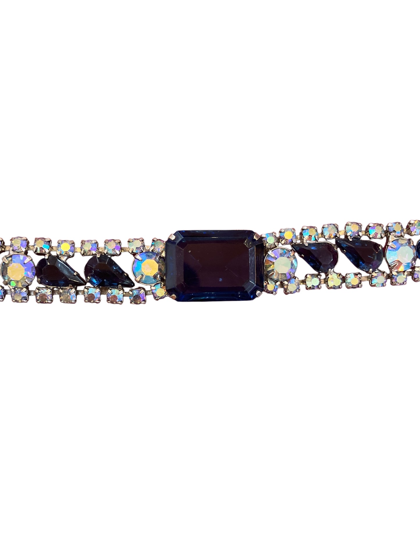 Vintage Dark Blue Iridescent Rhinestone Bracelet Midnight Navy Blue Costume Jewelry