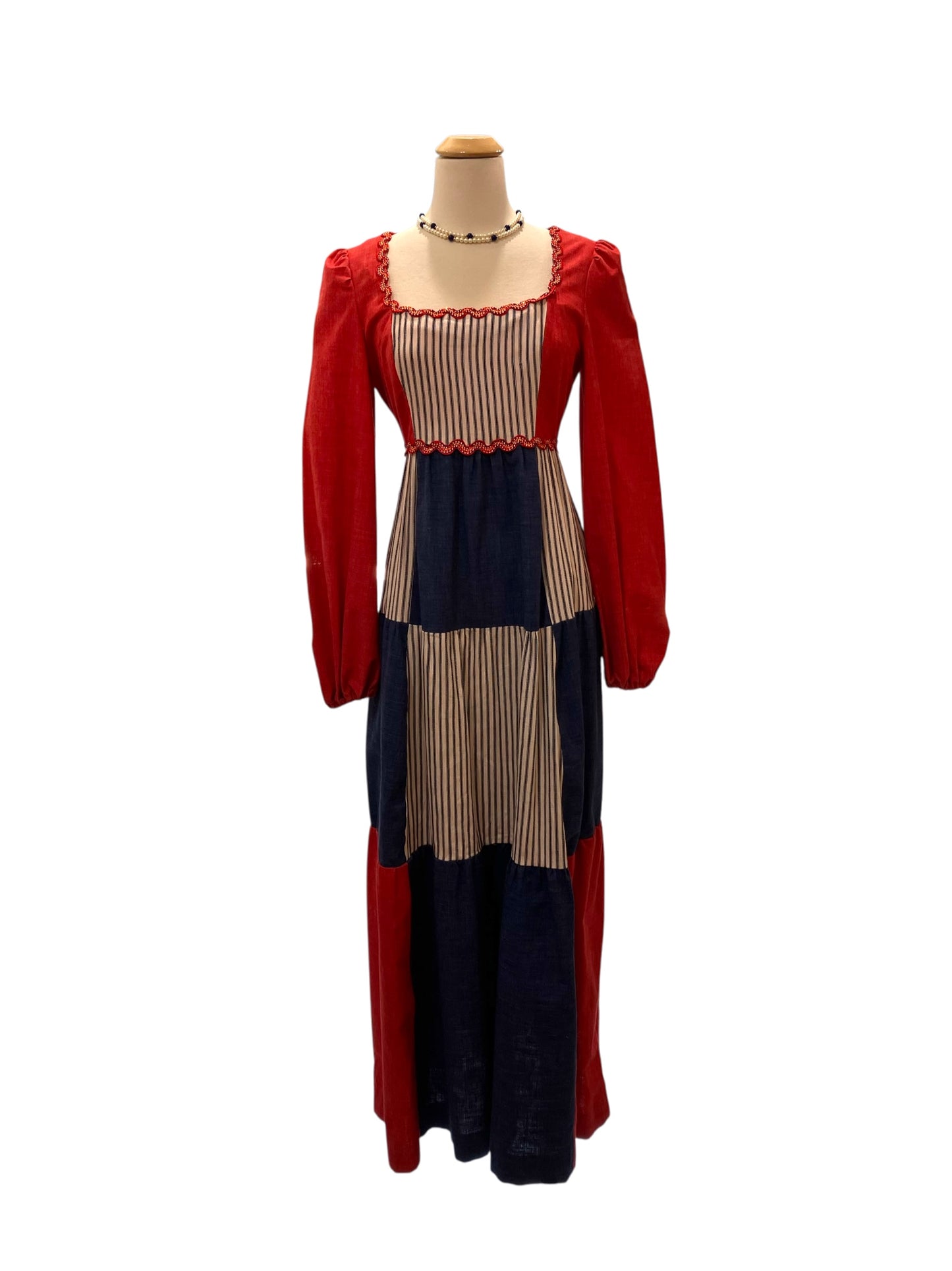 Vintage Rare Young Edwardian Red White and Blue Patchwork Prairie Dress With Zig Zag Trim